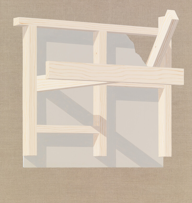 A rectangular wooden frame with overlapping planks and shadows on a beige textured background.