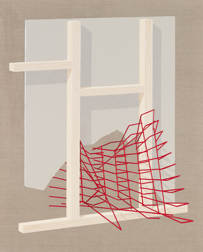 A wooden frame supports a leaning red wire grid in front of neutral fabric and paper panels.