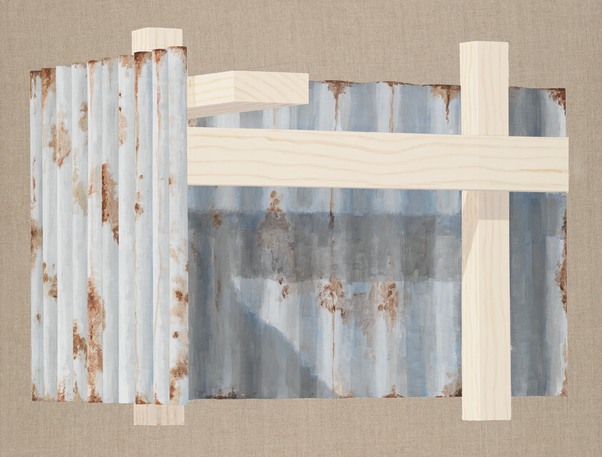 Rusty corrugated metal sheet partially covered and supported by light wooden planks on a fabric background.