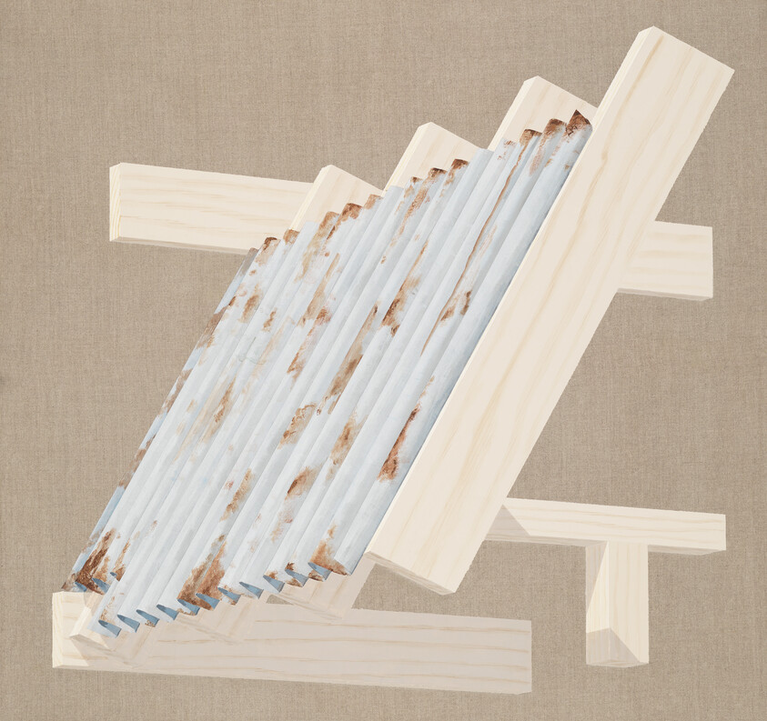 Stack of rust-spotted corrugated metal sheets resting on a simple wooden frame.