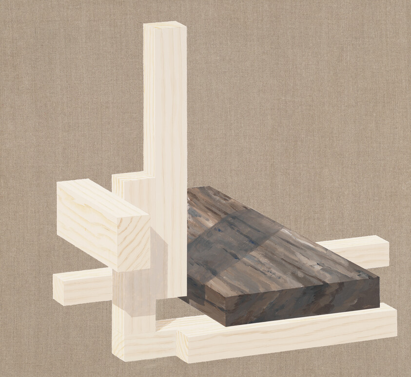 Light pine beams interlock to support a dark, rectangular wooden plank resting diagonally.