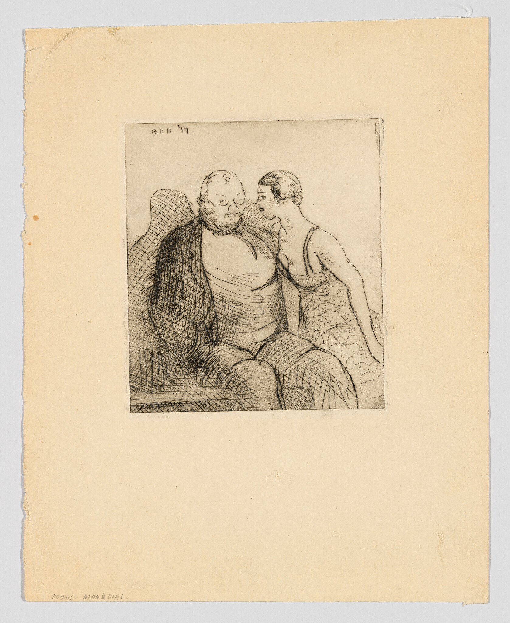 An older seated man listens while a young woman leans in to whisper beside him.