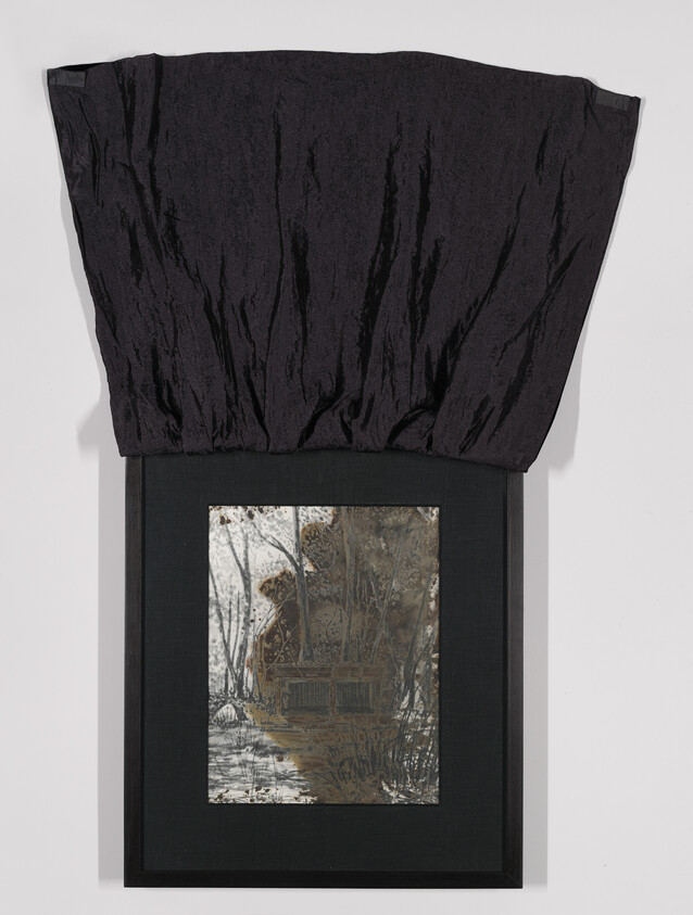 Framed mirrored panel with etched marsh scene and old bench, topped by gathered black draped fabric.