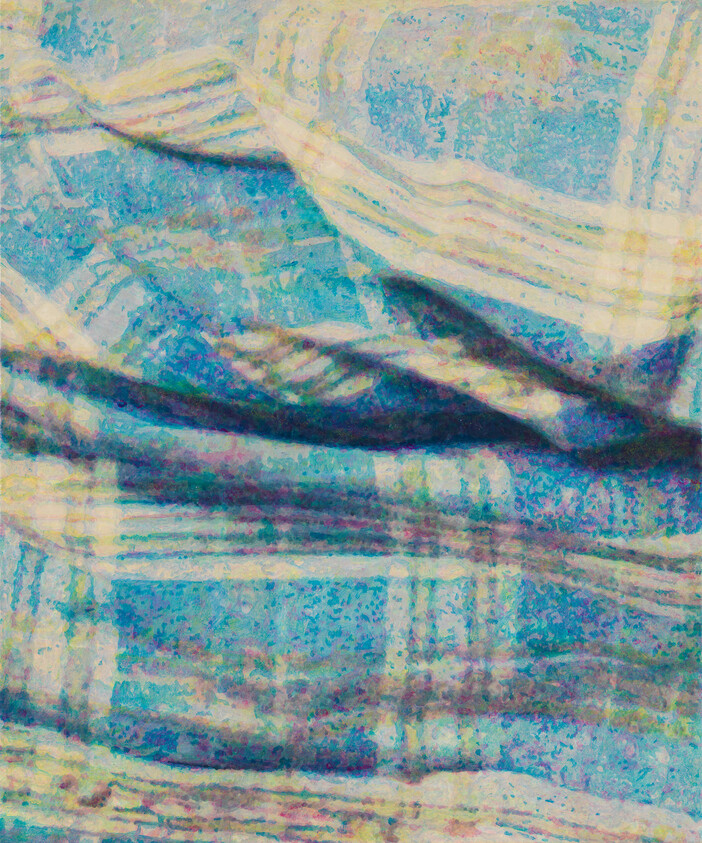 Abstract textured painting with vibrant blue and pink hues, resembling rippled reflections on water.