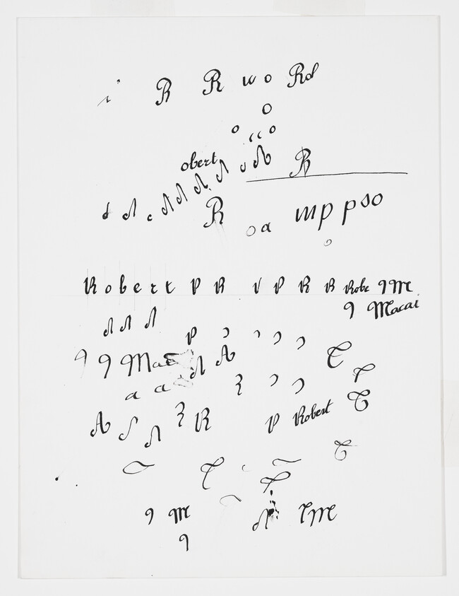 Handwritten ink practice sheet showing repeated letters, calligraphy strokes, and the name "Robert".