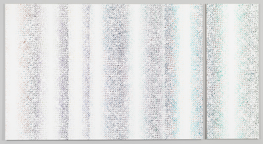 White vertical blinds with light textured pattern hang across a window, with a narrow side panel.