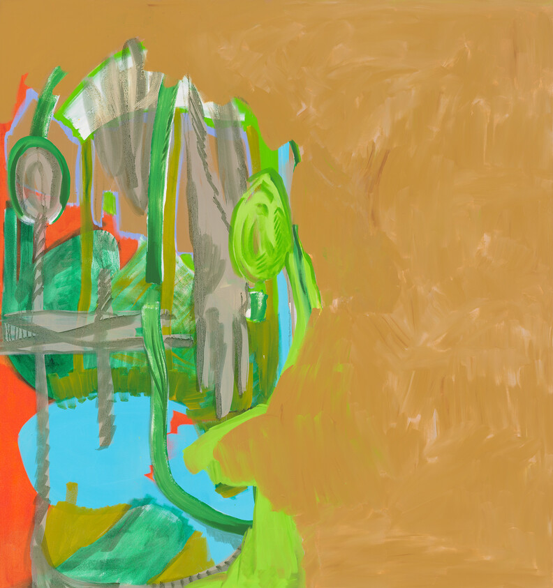 Abstract painting with colorful green and blue organic shapes on the left and large tan space on the right.
