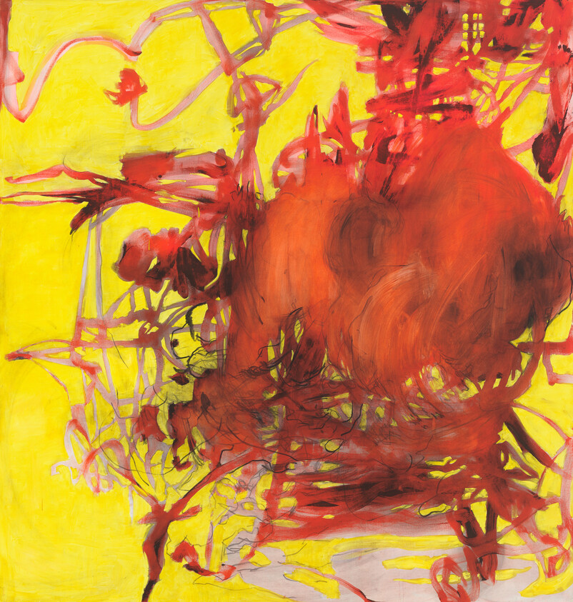 Large swirling red shape with frantic brushstrokes against a bright yellow background.