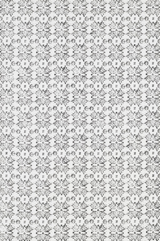 Repeating black floral damask pattern on a white background covering the surface.