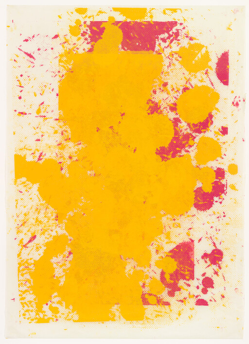 Large irregular yellow paint blot with scattered pink splatters on a white background.