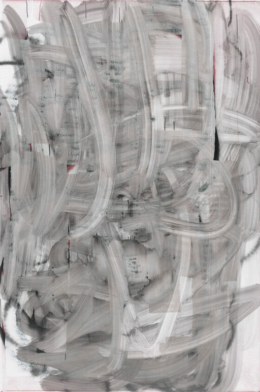 Large abstract painting with broad gray brushstrokes, layered texture, and small red accents.