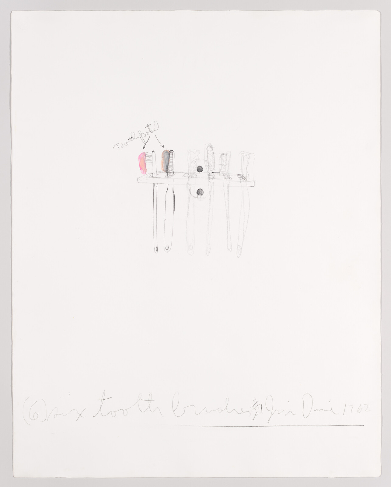 Six toothbrushes hang from a small wall rack, two bristles shaded pink and orange.