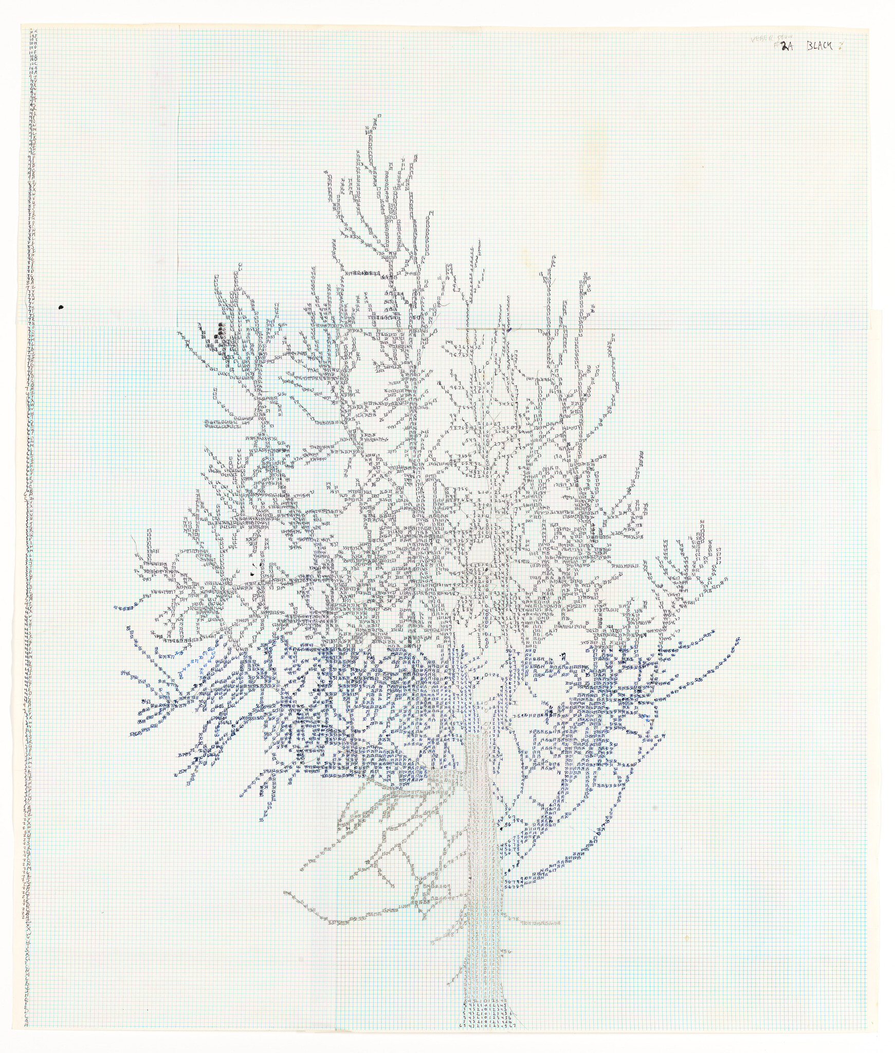 Delicate branching tree diagram drawn in blue and gray dots on light graph paper.