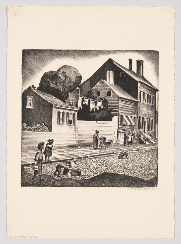 Children play by a cobblestone street while neighbors hang laundry and a woman pushes a baby carriage.