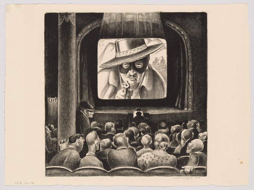 A crowded movie theater audience watches a masked man pointing a gun on the screen; an EXIT sign is visible.