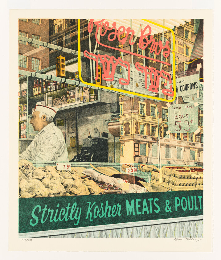 A butcher stands behind a shop counter labeled "Strictly Kosher Meats & Poultry" with poultry displayed.