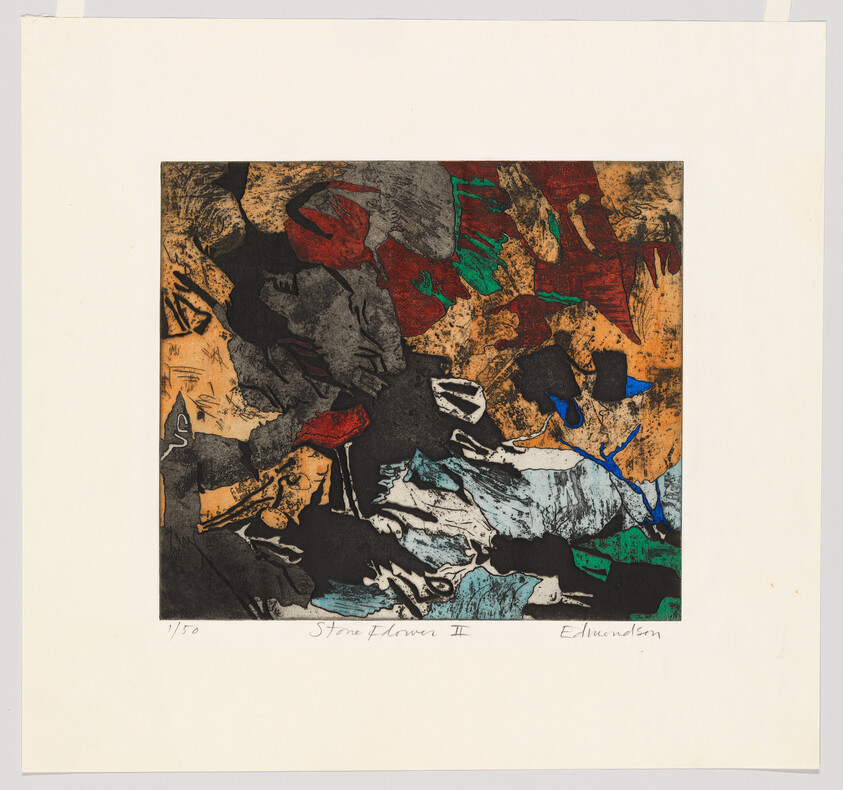 Abstract multicolored etching showing overlapping organic shapes in red, green, blue, black, and ochre.