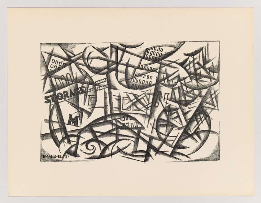 Abstract black charcoal drawing of overlapping geometric shapes and curving lines with the word "STORAGE".