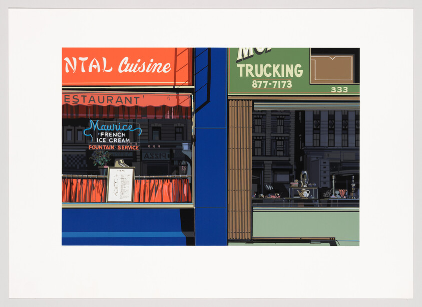Two adjacent storefront windows show a restaurant with a Maurice French Ice Cream sign and a trucking office.