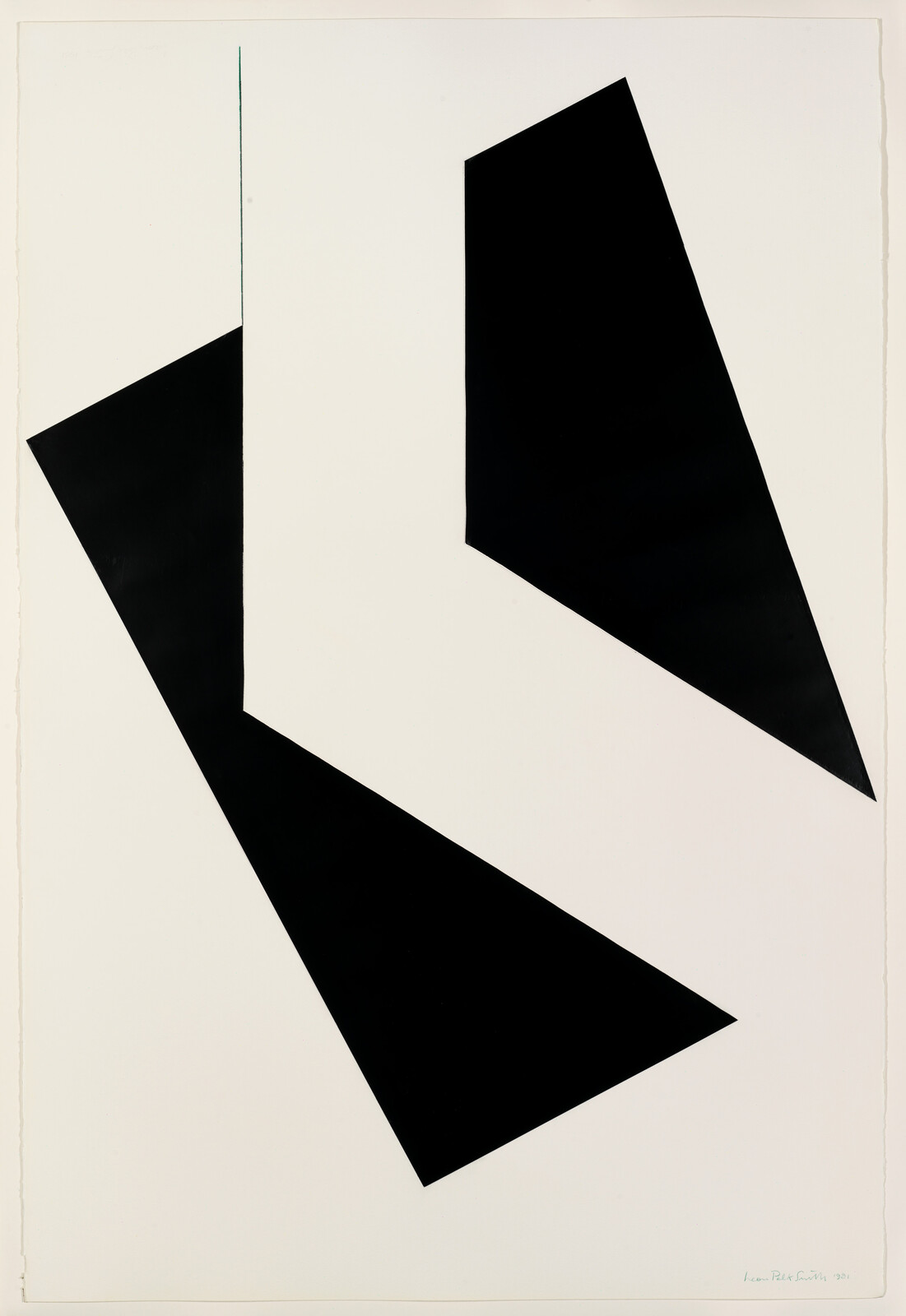 Three large black angular shapes arranged on a white background creating a dynamic abstract composition.