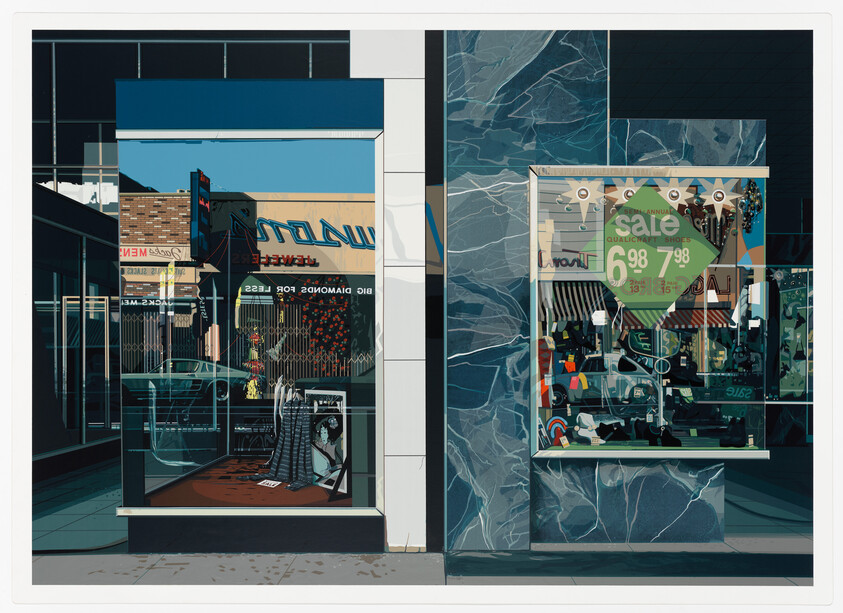 Two adjacent store windows show reflected street scenes and a green sale sign reading 6.98 and 7.98.