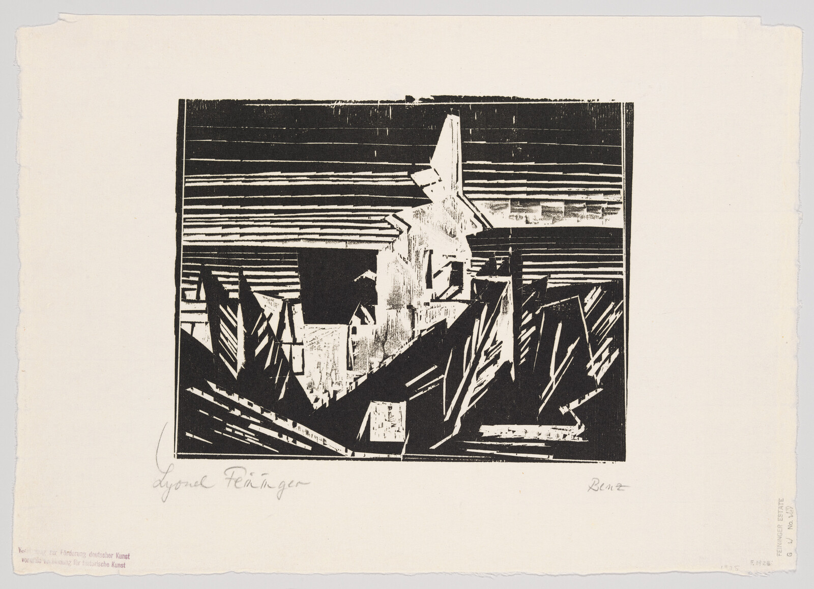 Black-and-white woodcut showing a town with a tall church steeple and sharp geometric roofs.