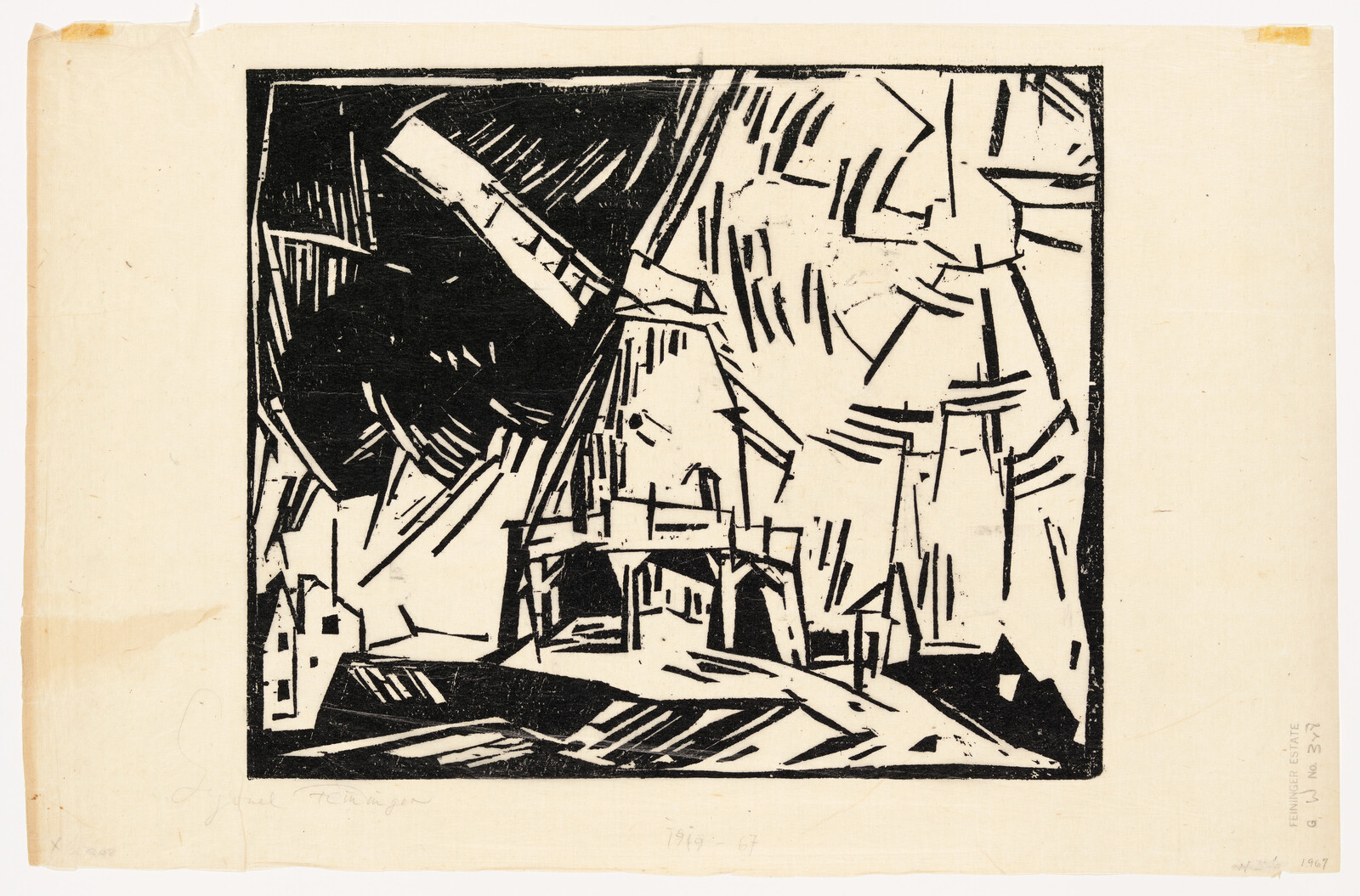 Abstract black-and-white woodcut showing a bridge and buildings under a dramatic sky.