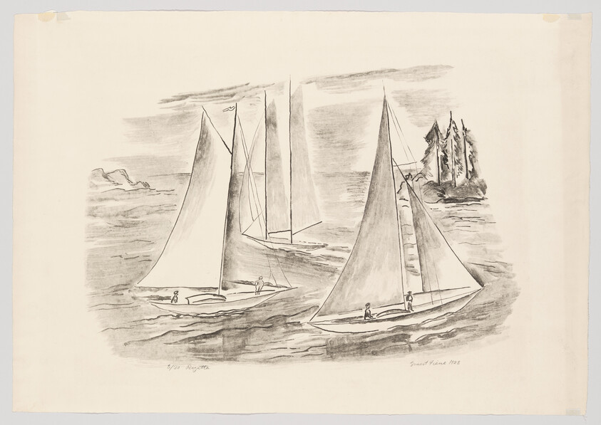 Three sailboats glide across choppy water near a tree-lined shore.