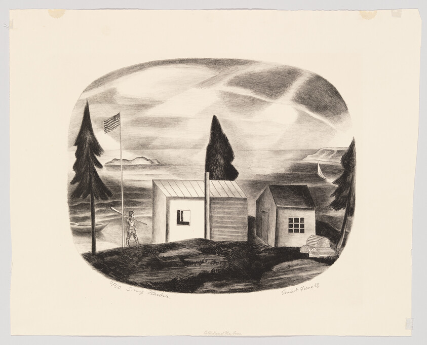 Two small cabins stand near a shoreline with a flagpole and a walking figure.