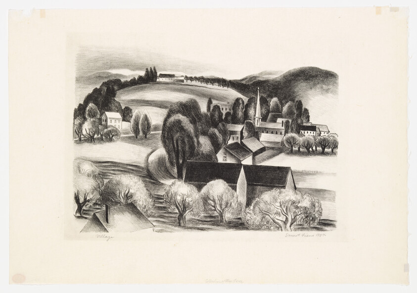 A small village with a church steeple, clustered houses, and rolling tree-covered hills.