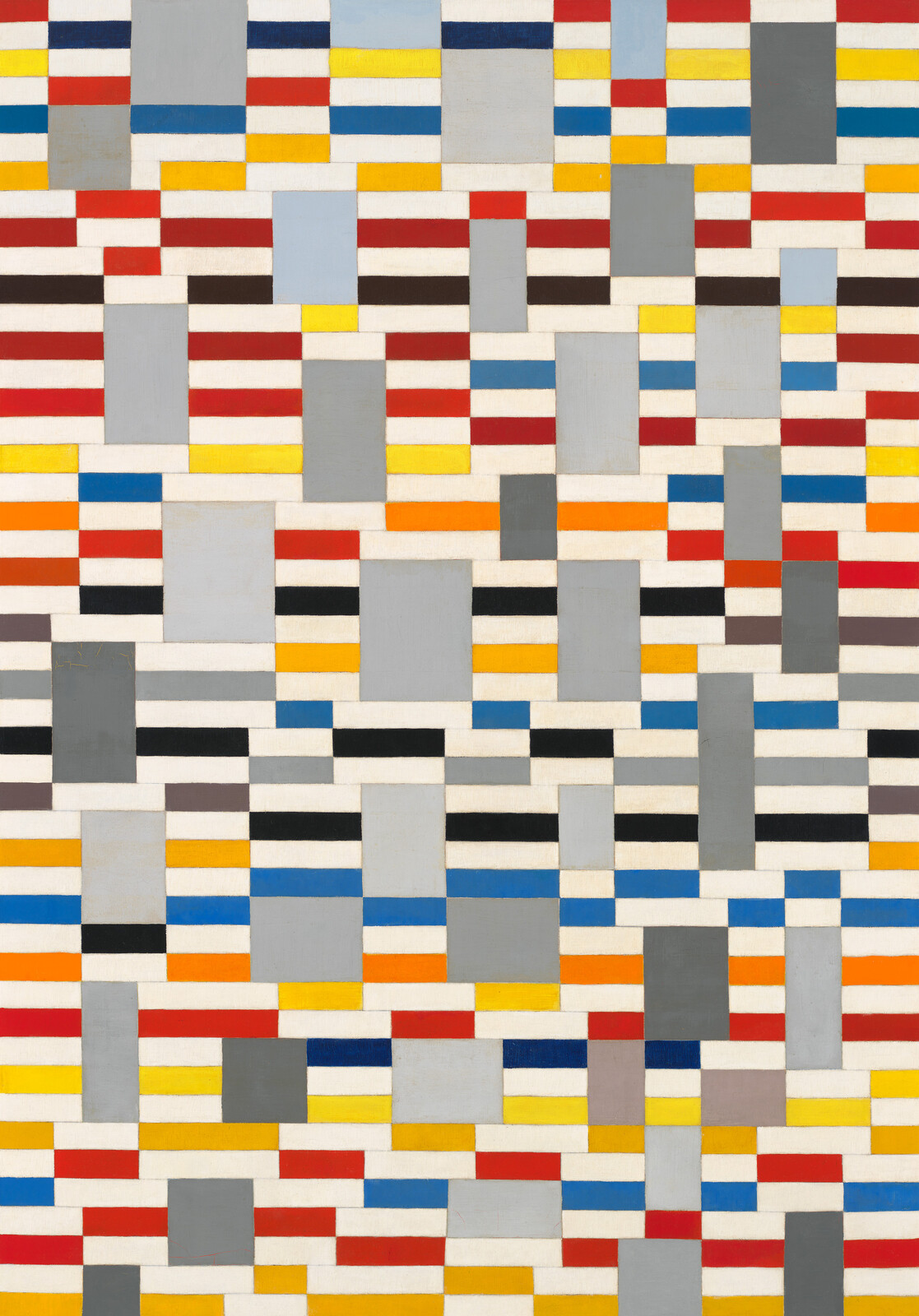 A geomtric array of thin primary color rectangles and differently sized grey rectangular blocks