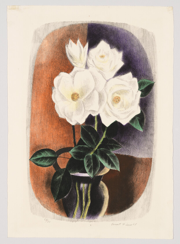 Three white roses with green leaves arranged in a dark vase against a warm, abstract background.