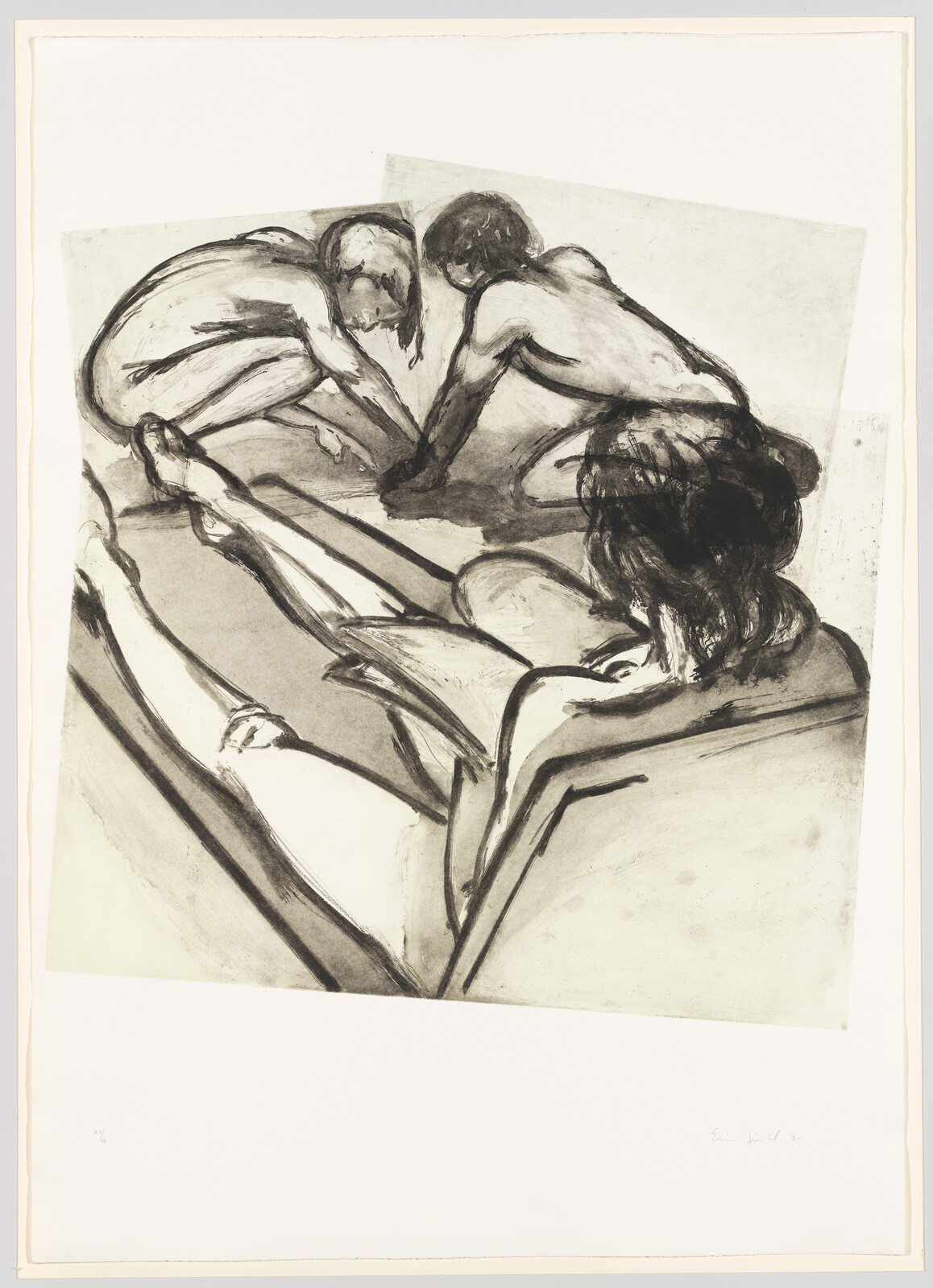 Three nude figures, two crouching and reaching forward while a third reclines and reads.