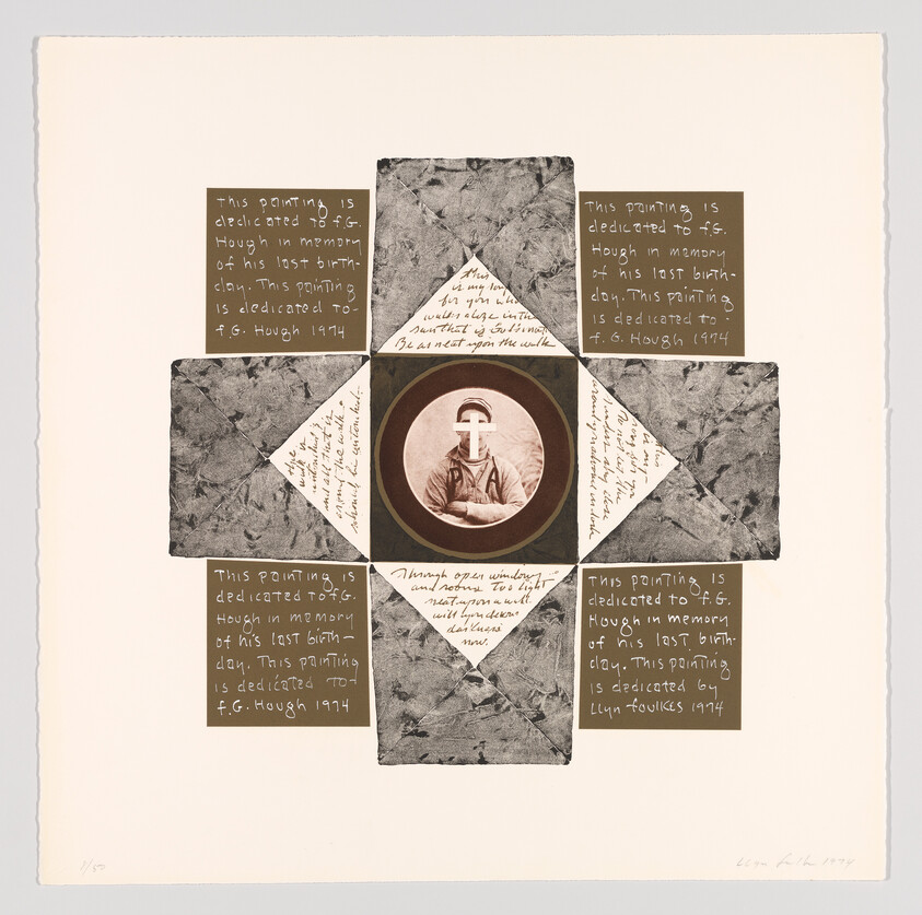 Central vintage portrait with a white cross over the face surrounded by folded paper and handwritten dedications.