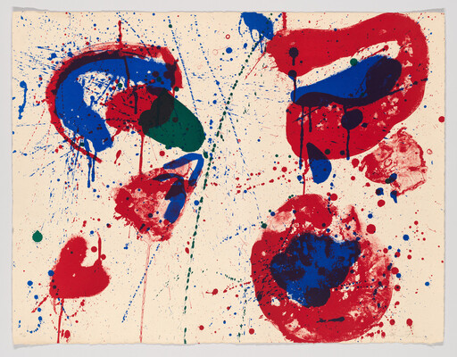 Red, blue, and green paint splashes and drips scattered across a cream-colored background.