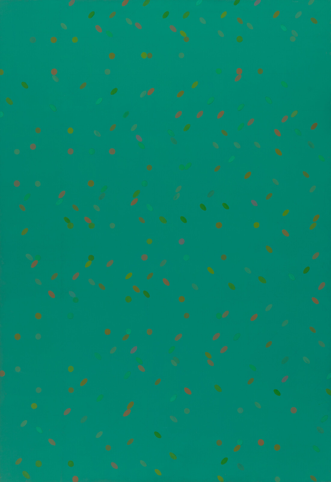Teal background scattered with small multicolored oval dots evenly spaced across the surface.