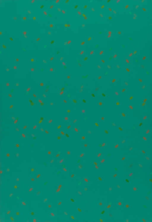 Teal background scattered with small multicolored oval dots evenly spaced across the surface.