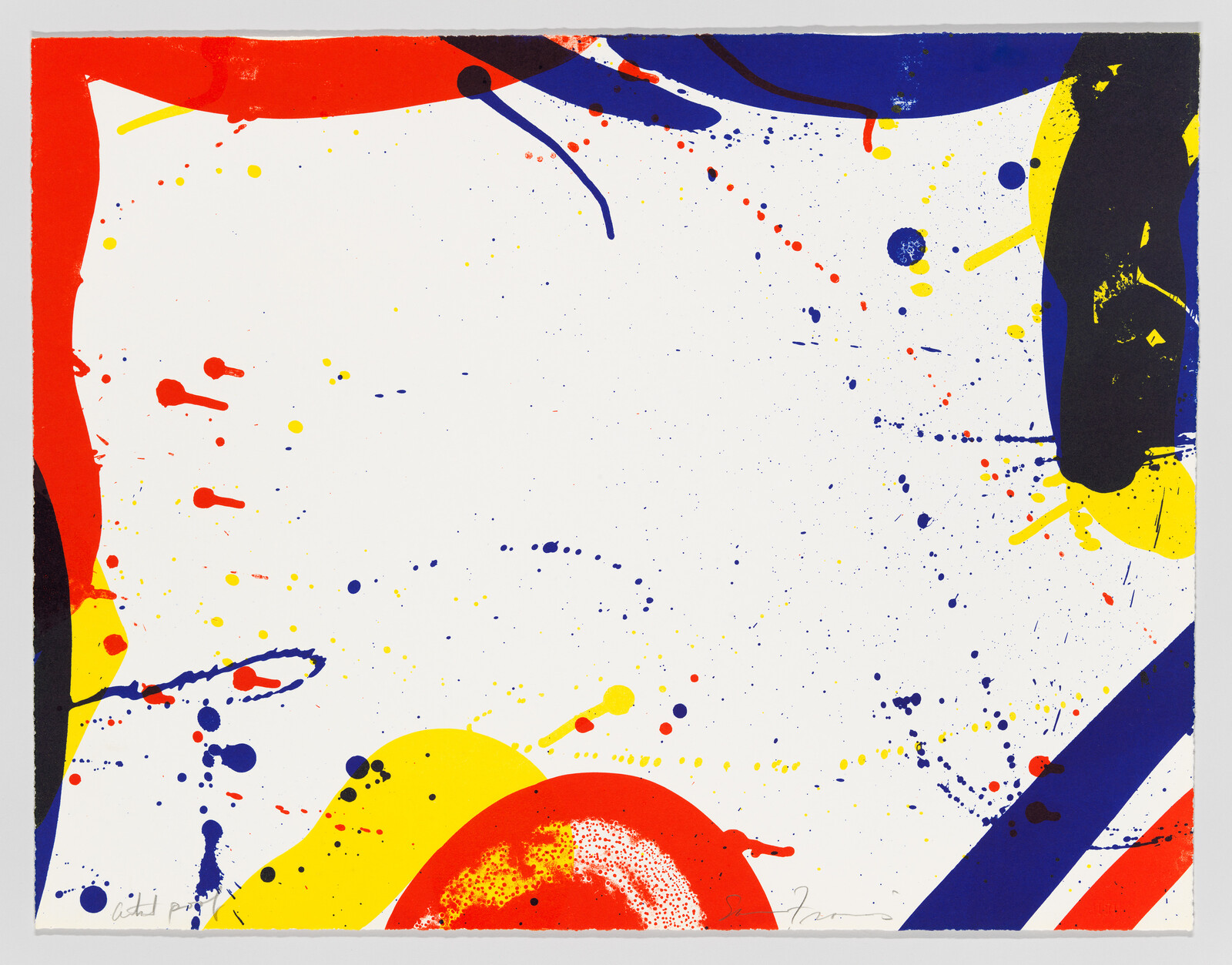 Abstract painting with red, yellow, and blue paint splatters and bold border shapes around a white center.