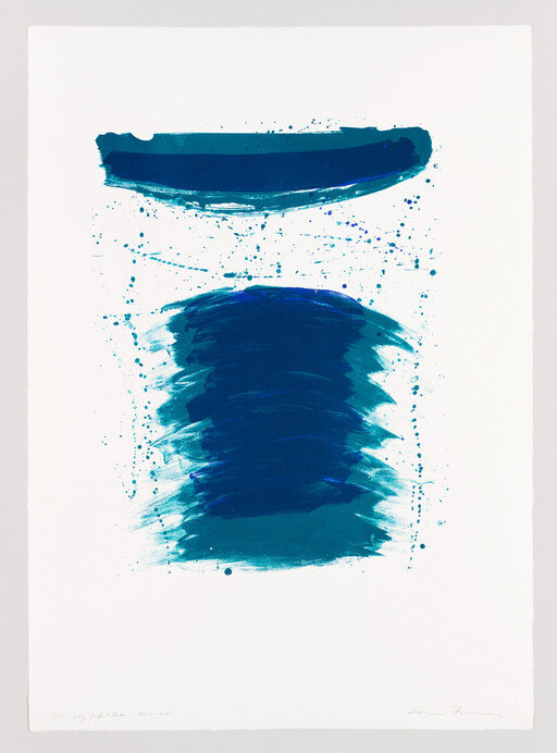 Two bold blue brushstrokes with paint splatters on white paper.
