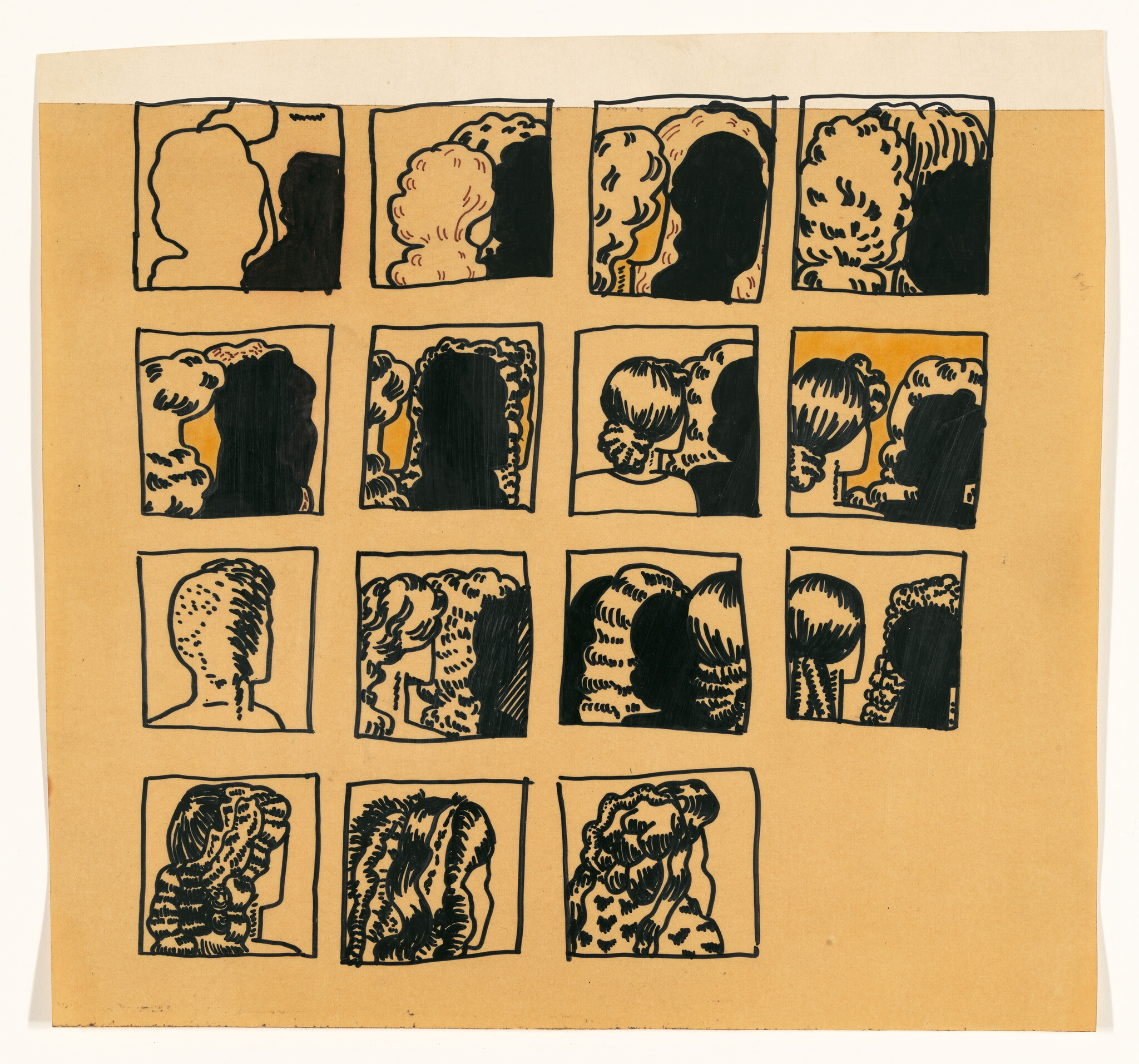 A sheet of paper featuring a series of fifteen black ink sketches on a tan background, each depicting various abstract and stylized tree forms within individual frames.