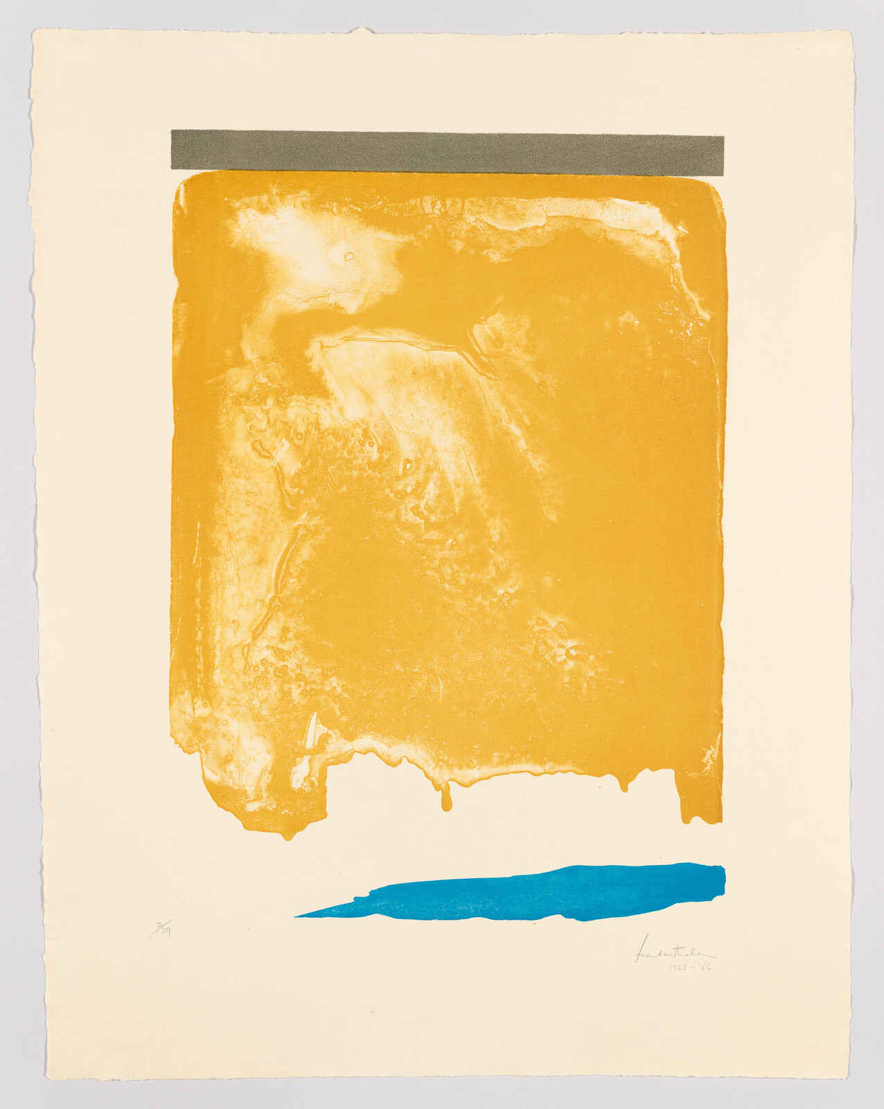 Large textured yellow rectangle with a thin gray bar above and a small blue shape below.