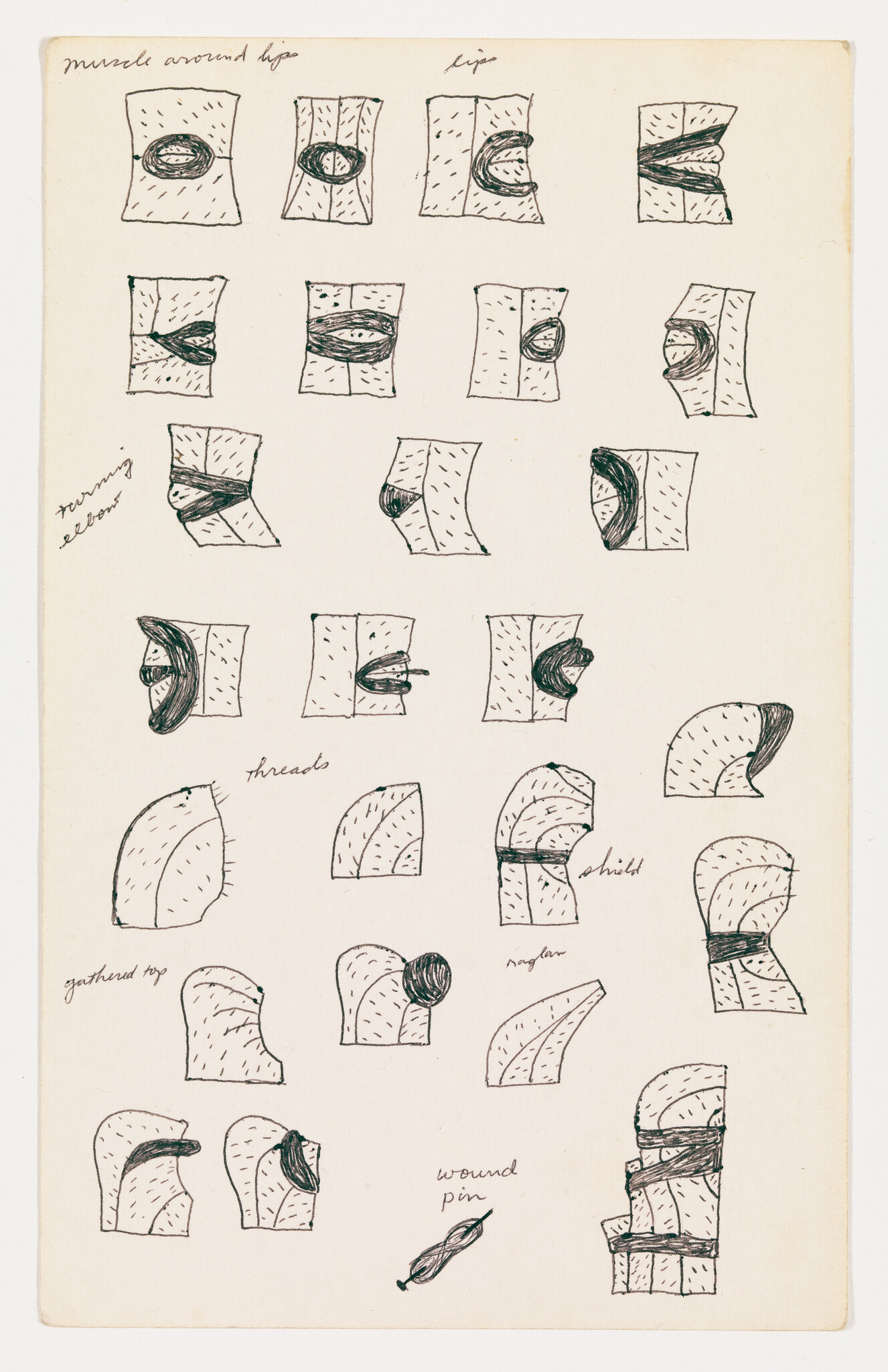 Several small ink sketches showing different wound closure techniques and labeled surgical stitch variations.