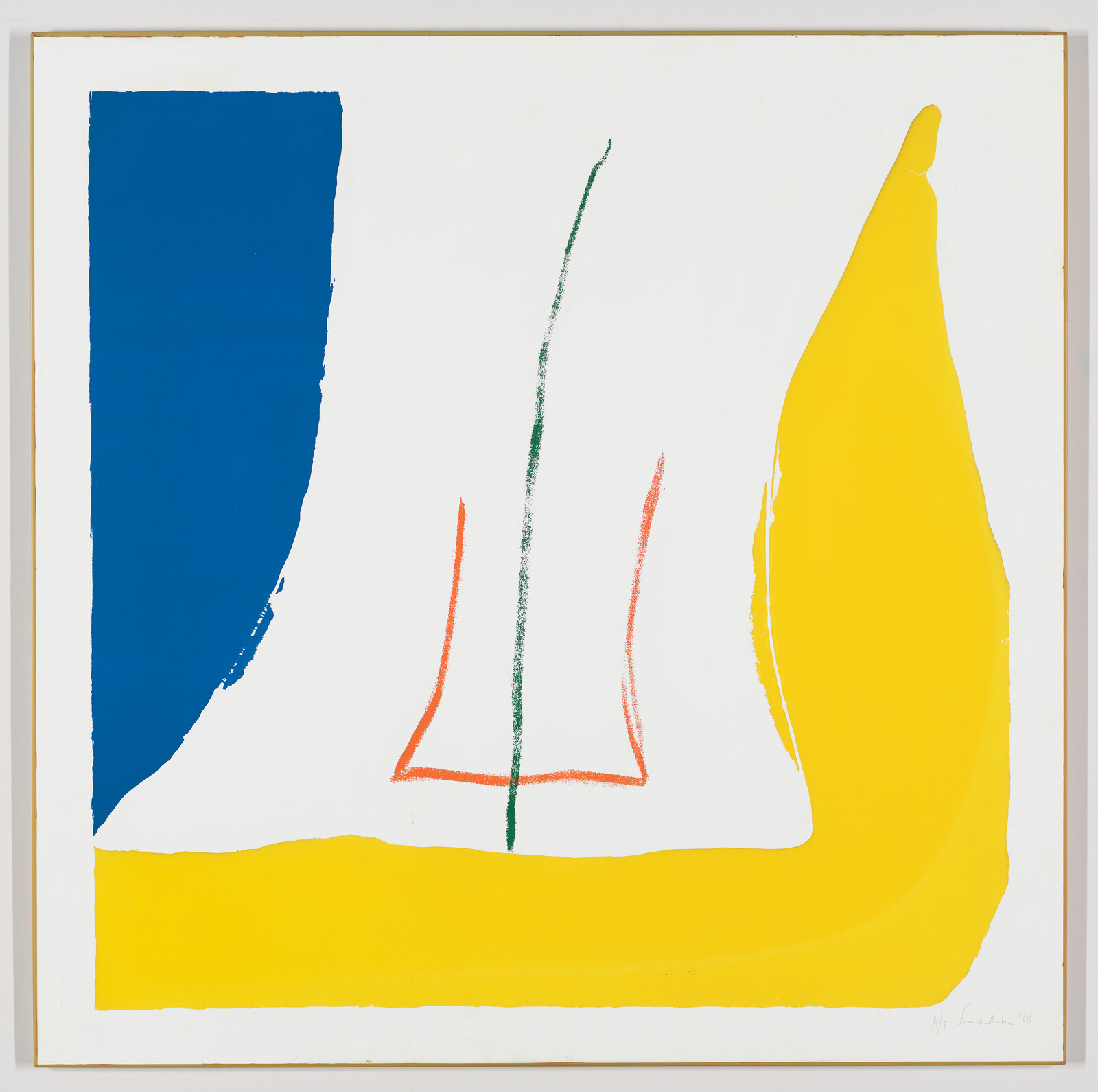 Abstract painting with a tall green line and orange triangle between large blue and yellow shapes.