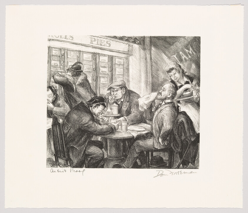 Four men sit around a small cafe table drinking and eating while a waitress serves them.