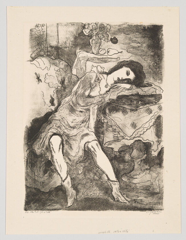 A woman in a loose dress slumps asleep on a chair with head resting on arm.