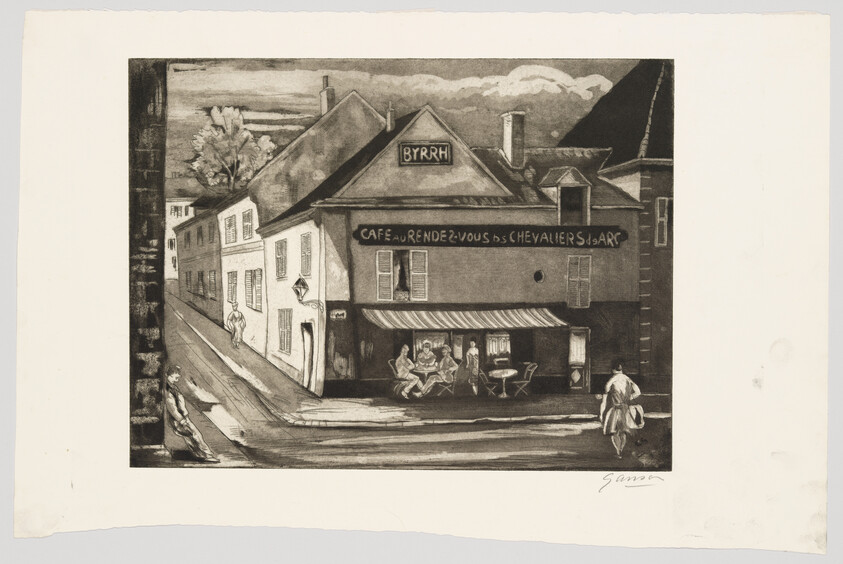 A small corner café with patrons sitting at outdoor tables and a pedestrian walking past.