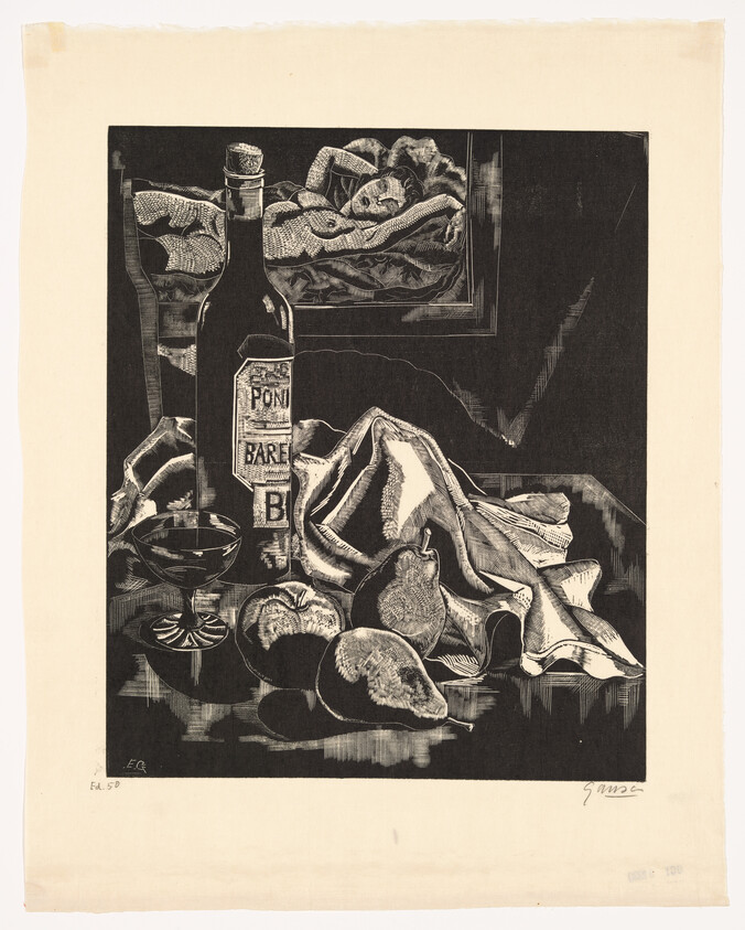 Bottle, wine glass, and fruit arranged on a table with draped cloth.