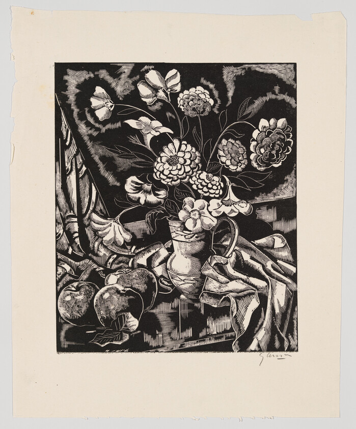 A black and white woodcut print depicting a still life arrangement with a variety of flowers in full bloom, contained within a vase, surrounded by foliage and fruit, possibly apples, resting on a patterned cloth. The artwork is rich in contrast and detail, with a signature in the lower right corner.