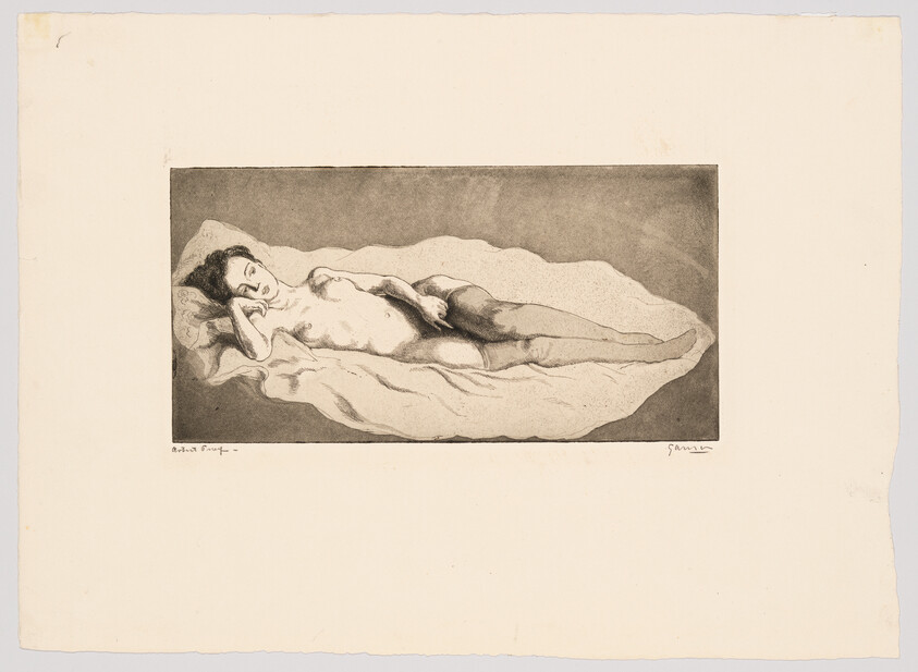 A nude woman lies reclining on a wrinkled sheet, resting her head on her hand.