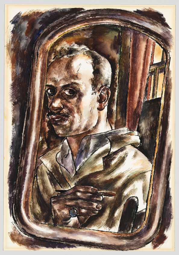 Man with a mustache looking out a window, holding a cigarette near his chest.